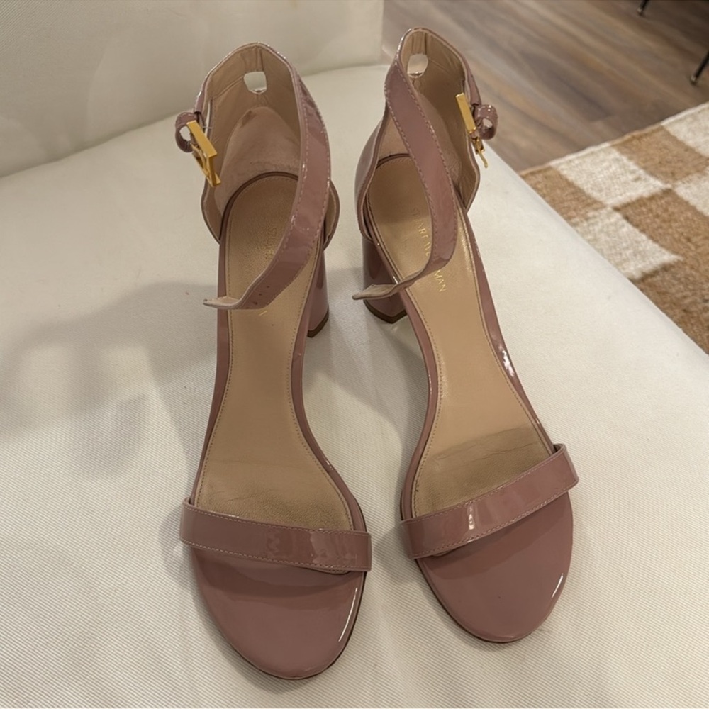 Stuart Weitzman “Less Nudist 75” Patent Leather Block Heel Sandals, Sz 9M - Picture 9 of 11